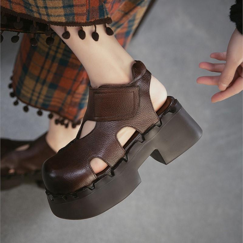 Johnature Echte Leder Höhe Steigernde Dicke Sohle Sandalen Runde Zehen Damen Plateau Schuhe