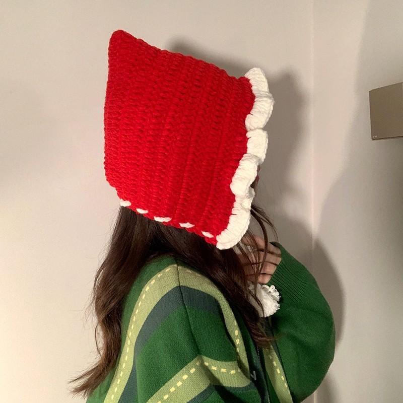 New Chinese Style Sweet Little Red Riding Hood Hand-knitted Woolen Hat Women Autumn Winter Tassel Tie Cap Warm Ear Protection Red
