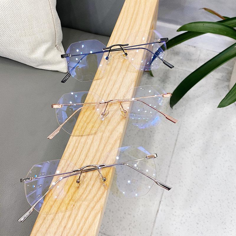 Fashion Rimless Glasses Women Retro Anti -Blue Light Computer Eyeglasses Transparent Clear Lens Vintage Metal Polygon Spectacle