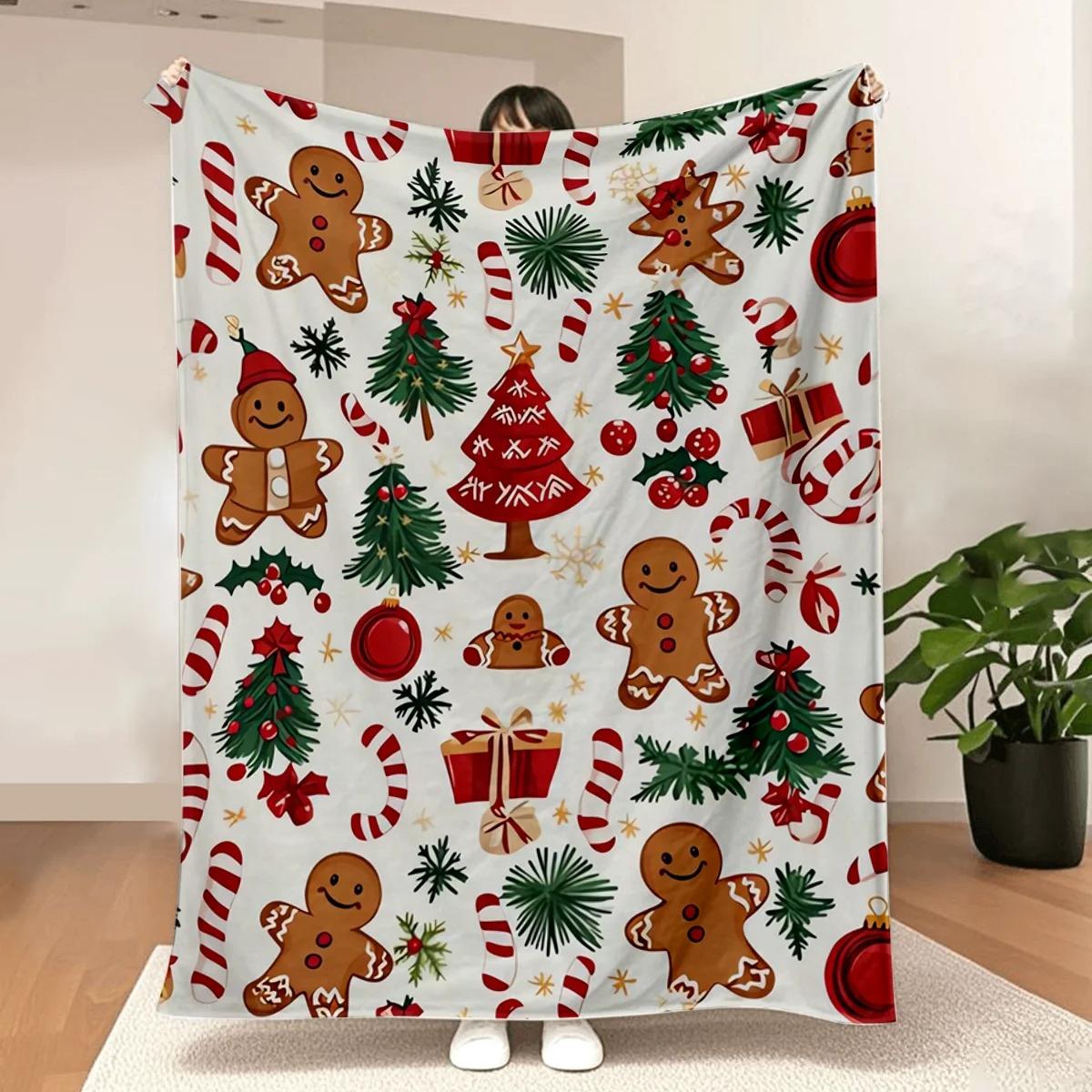 

1pc Ultra-Soft Christmas Gingerbread Wonderland Print Flannel Throw Blanket- Festive Holiday Decorative Blanket 70x100cm білий