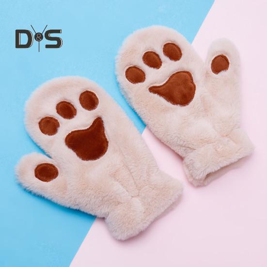 1 Pair Women Winter Mittens Cartoon Cat Paw Shape Thick Plush Anti-slip Heat Retention Outdoor Skiing Cycling Gloves