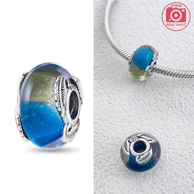 Multicolour Murano Glass Curved Feather Charm Copper Plated Compatible With Copper Authentic Bracelets for Jewellery Making