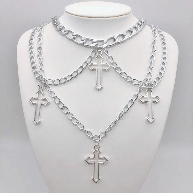 Punk Geometric Silver Color Chain Hollow Cross Pendant Necklaces For Women Trendy Statement Metal Chain Hip hop Jewelry Necklace