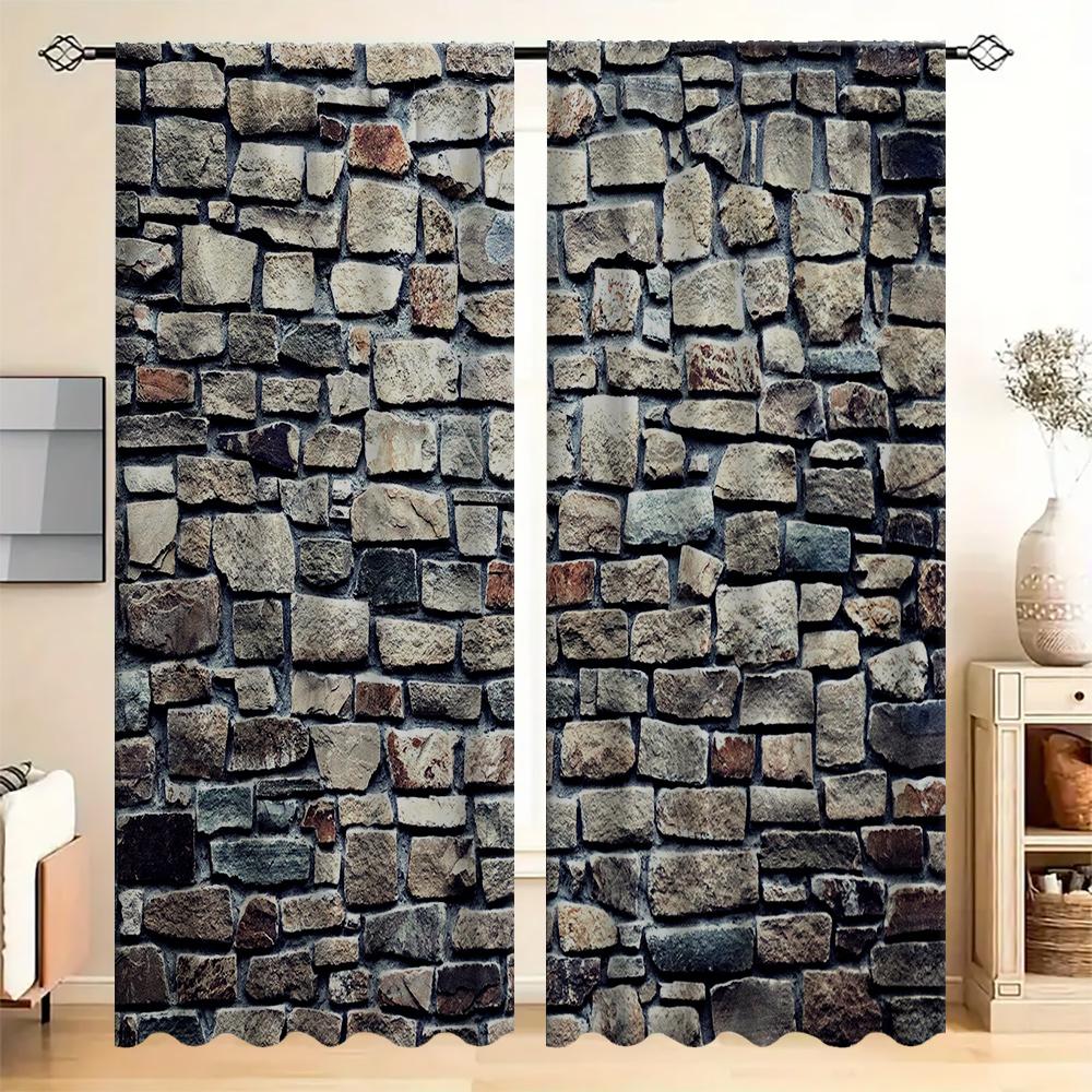 2PC Home Brick and Stone Wallsl Curtains With Landscape Background And Pole Pocket Curtains, Kitchen, Coffee Shop, Living Room,