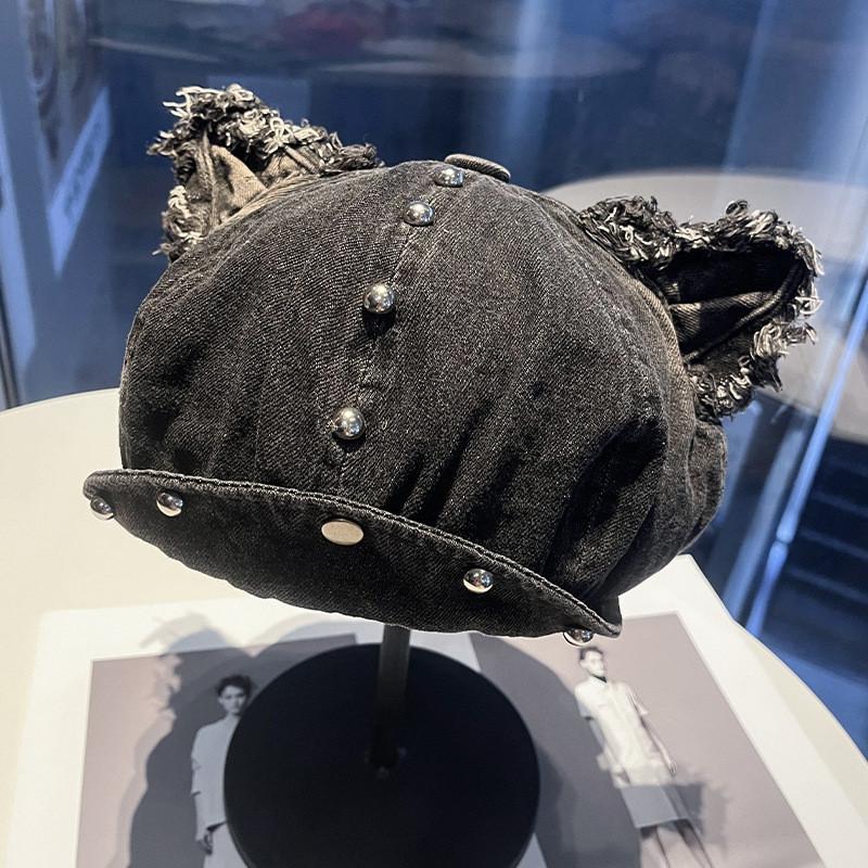 Cowboy Style Denim Beret With Studded Detail For Casual Streetwear And Outings