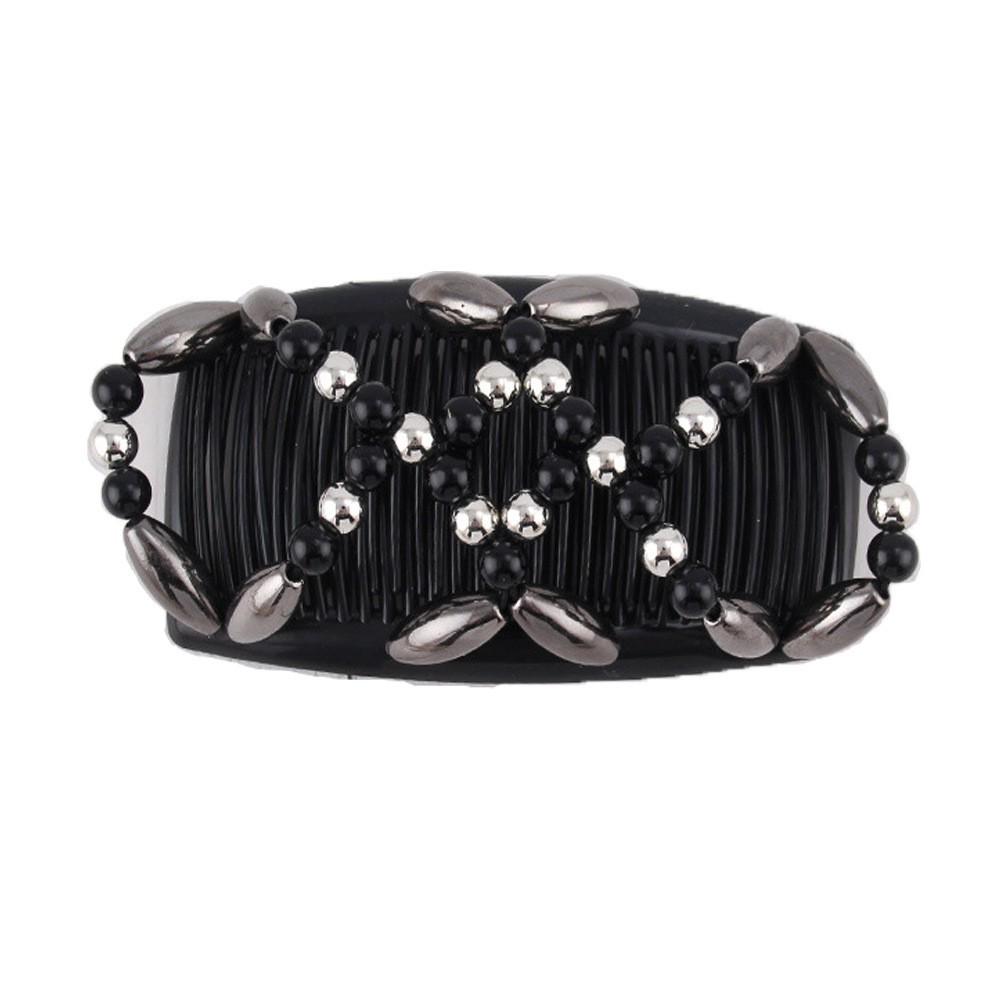 Large Handmade Beaded Elastic Magic Hair Comb with Flower Headpiece - Versatile Double Row Insert for Styling and Bun Making