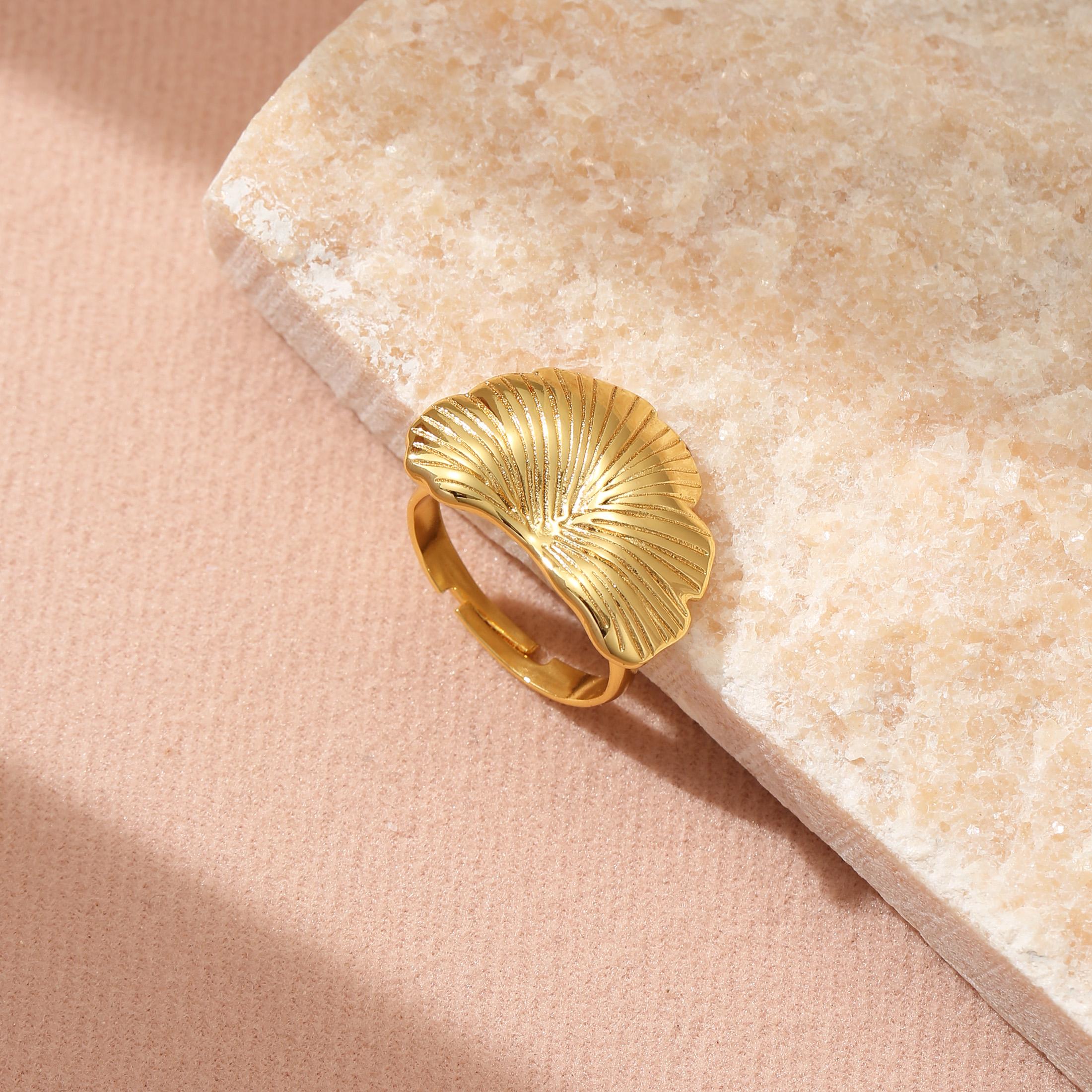 Golden Plated Ginkgo Leaf Open Adjustable Ring for Women Elegant Statement Jewelry Gift resizable золотой