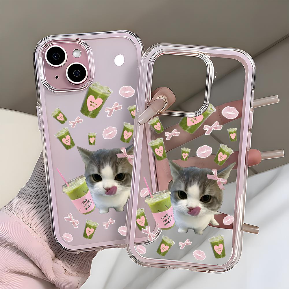 Cute Matcha Cat Pattern 2in1 Clear Phone Case For Samsung Galaxy S26 Ultra S25 S23 FE S24 S22 A57 A37 A55 A54 A36 A35 A16 Cover