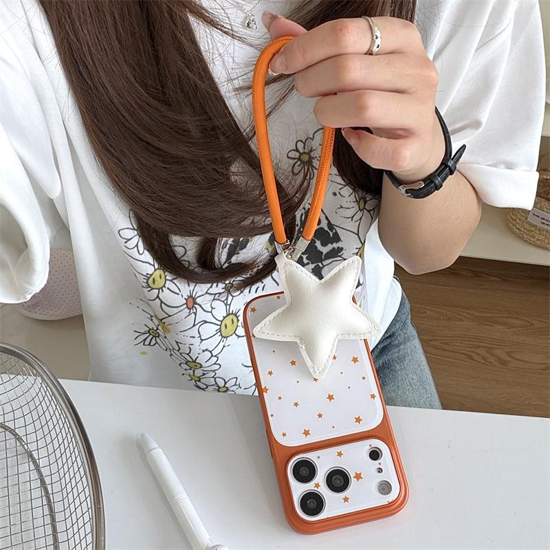 Kawaii Orange Star Phone Case With Star Wrist Strap For iPhone 14 15 16 17 Pro Max INS Cute Shockproof Protective Cover