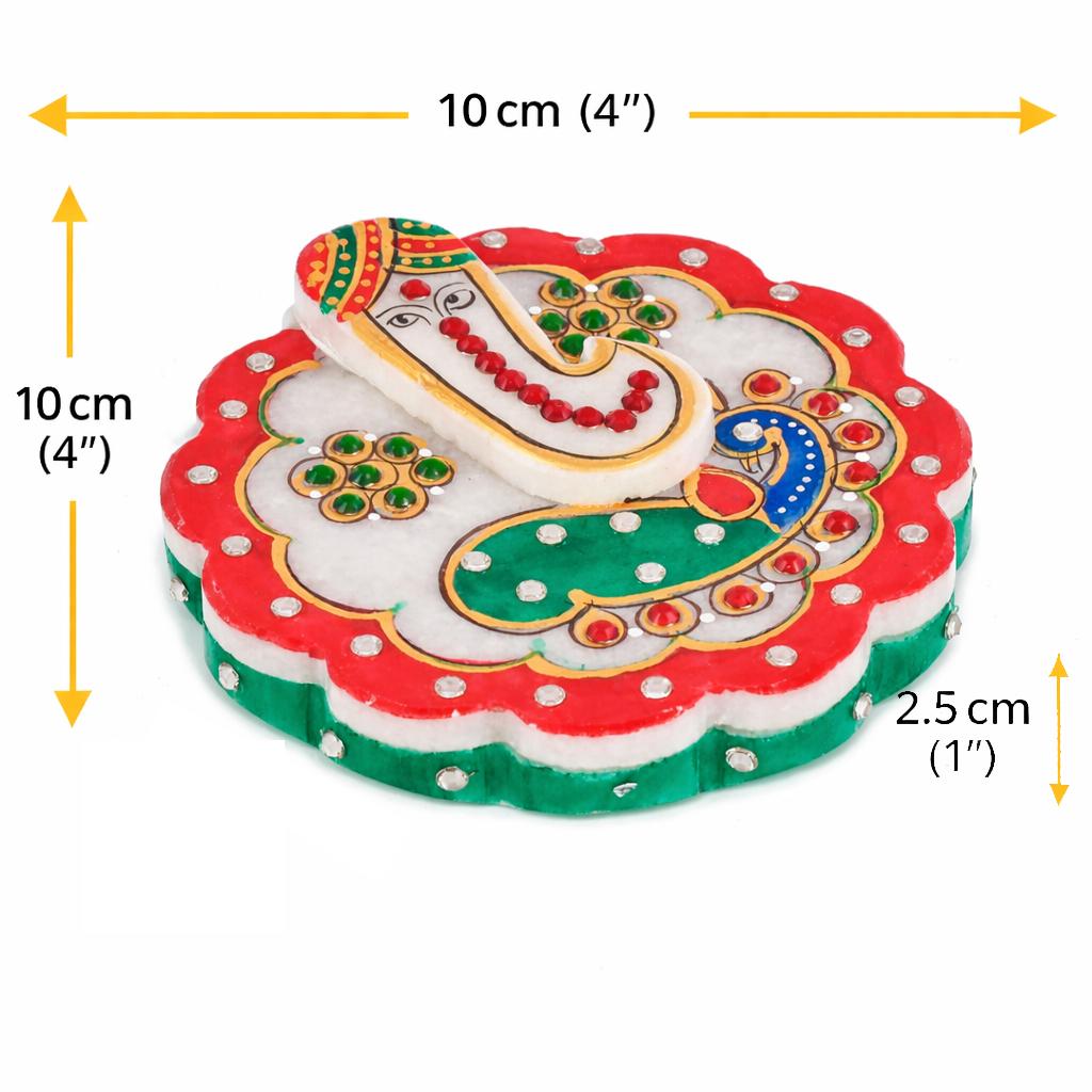 Marble Made Round Shape Roli Rice Kumkum Ganesh Chopra for Tilak Tika, Wedding Gifts, Raksha Bhandhan Gift