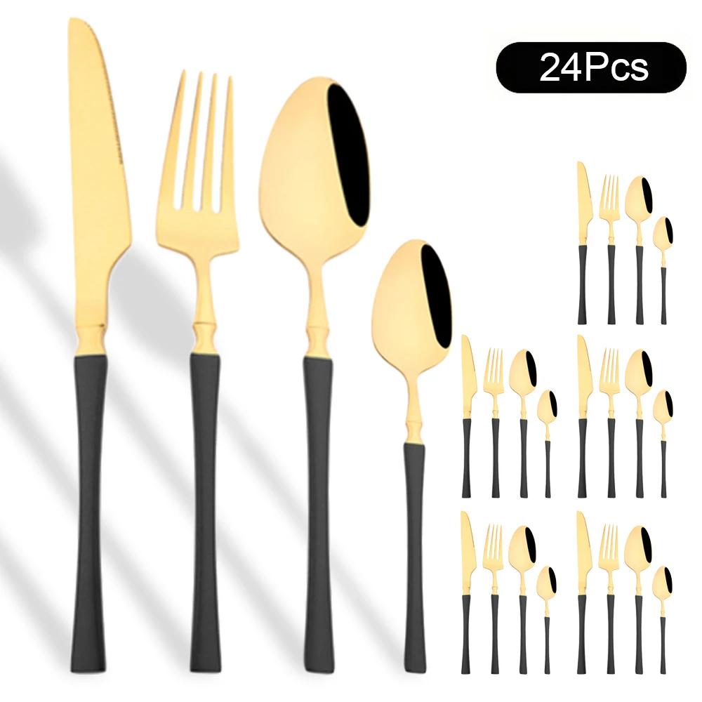 24Pcs Gold Tableware Sets Stainless Steel Cutlery Knife Tea Fork Coffee Spoon Flatware Dishwasher Safe Dinner Kitchen Dinnerware