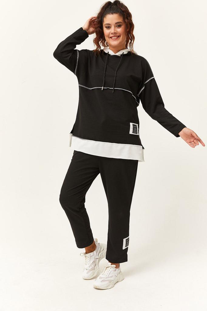 Set Trening Dimensiune Mari Moda Femei Plus Size Alb Garni Set Trening Detaliat Negru