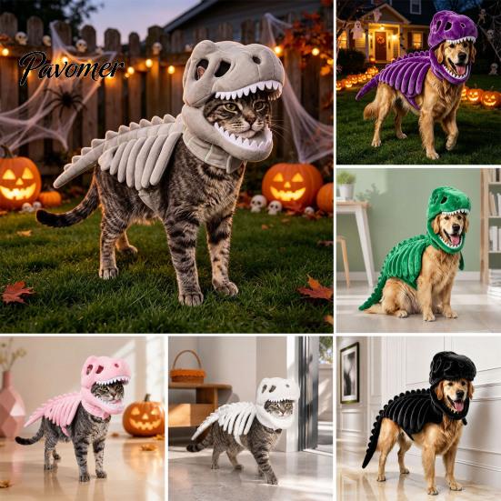 Pet Photography Prop Dinosaur Skeleton Costume, Glow-in-The-Dark 3D Apparel, Halloween Holiday Party Dog Clothes Dino Outfit for Dogs Cats,