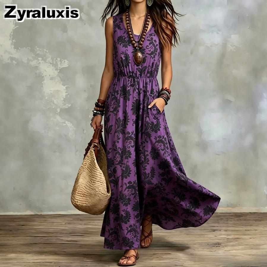 Summer New Printed Temperament Sleeveless Pocket Long Dress Vintage Dress Ready-to-Ship