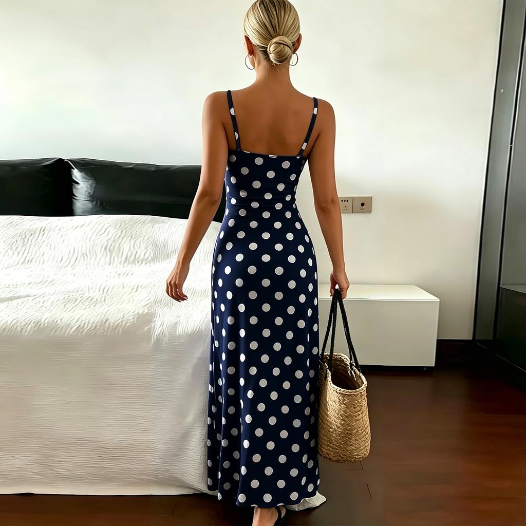 Dámské elegantní maxi šaty s puntíkovaným potiskem, úzkého střihu, na tenkých ramínkách, bez rukávů, letní/jarní outfit