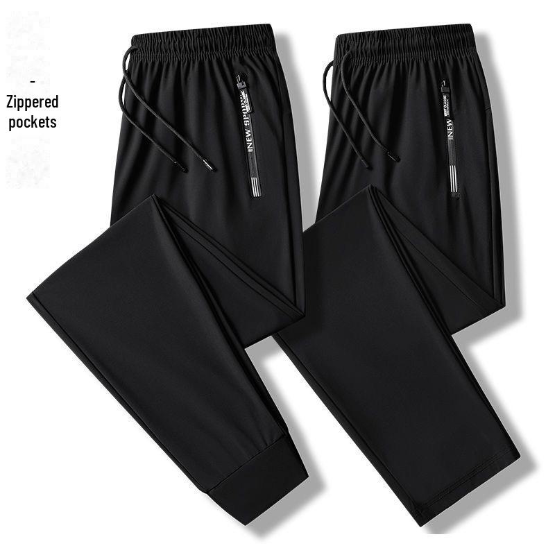 Pantaloni della tuta casual estivi da uomo in seta ghiacciata, sottili e traspiranti, con gamba dritta, tasche con cerniera e polsini.