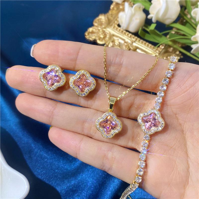 Zircon Color Crystal Necklace Set European and American Petal Zircon Earrings Necklace Bracelet Three-piece Set 2026