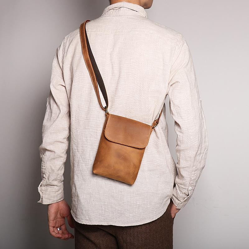 Men'S Genuine Leather Shoulder Small Backpack Crazy Horse Leather Simple Messenger Bag Cowhide Retro Mobile Phone Bag