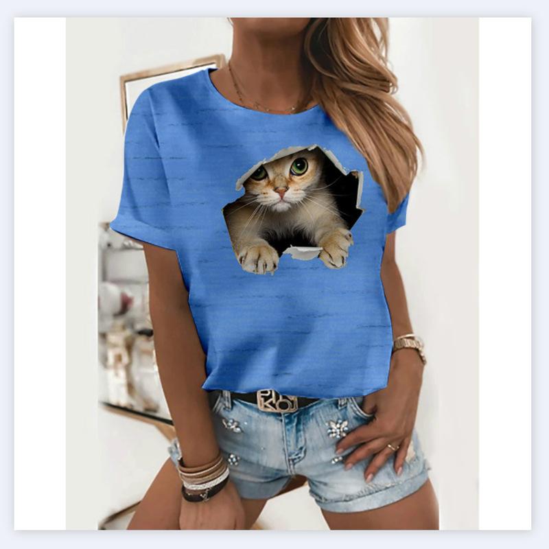 Summer Casual Digital Printed 3D Loose Round Neck Short Sleeved T-Shirts Women’s