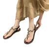 Women Thong Sandals T-Type Open Toe Rhinestone Flat Bottom Roman Sandals Shoes