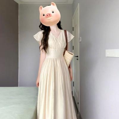 2026 Summer New French Gentle Wind V-neck Dress Short Sleeves High Sense Thin Waist Temperament Medium and Long Dress