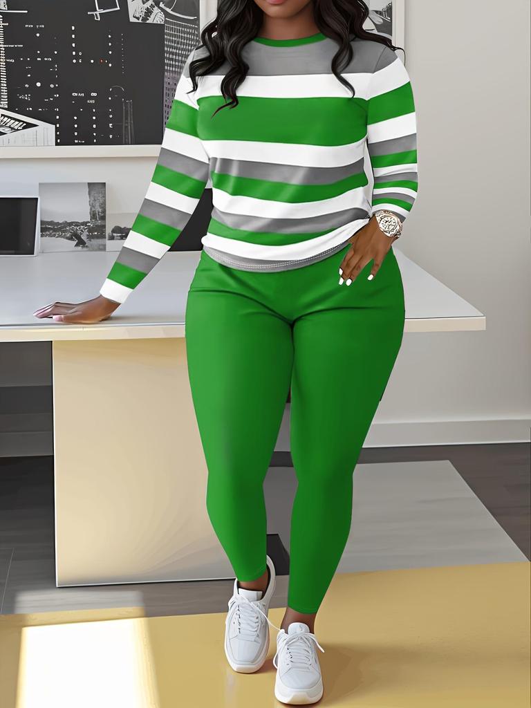 Women's Two-Piece Letter Print Striped Set: Casual Long-Sleeve T-Shirt & Sweatpants/Leggings