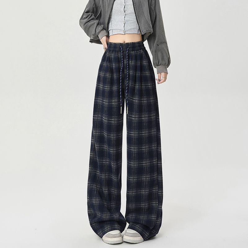 

Стильные темно-синие ретро клетчатые брюки широкого кроя для женщин – с высокой посадкой, свободные, длиной до пола, больших размеров, идеально подходят для весны и осени. L