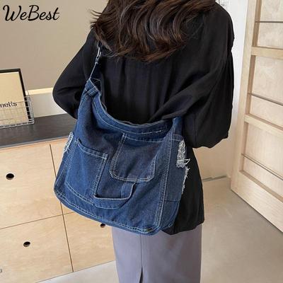 2025 New Wash Denim Single Shoulder Crossbody Bag Large Capacity Distressed Bag