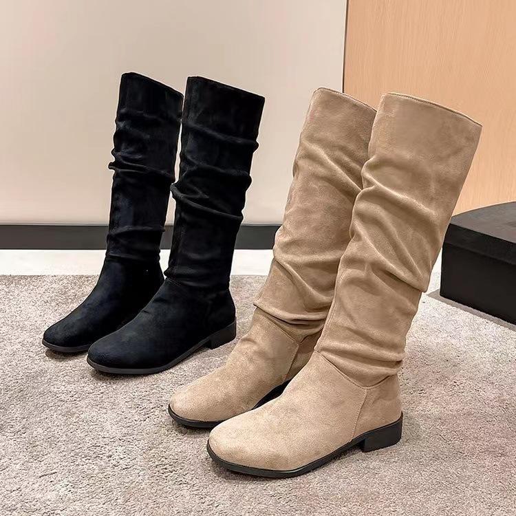 Autumn Winter Long Tube Suede Boots For Women Cross-Border Large Size Plus Low Heel Round Head Martin Boots 37-43