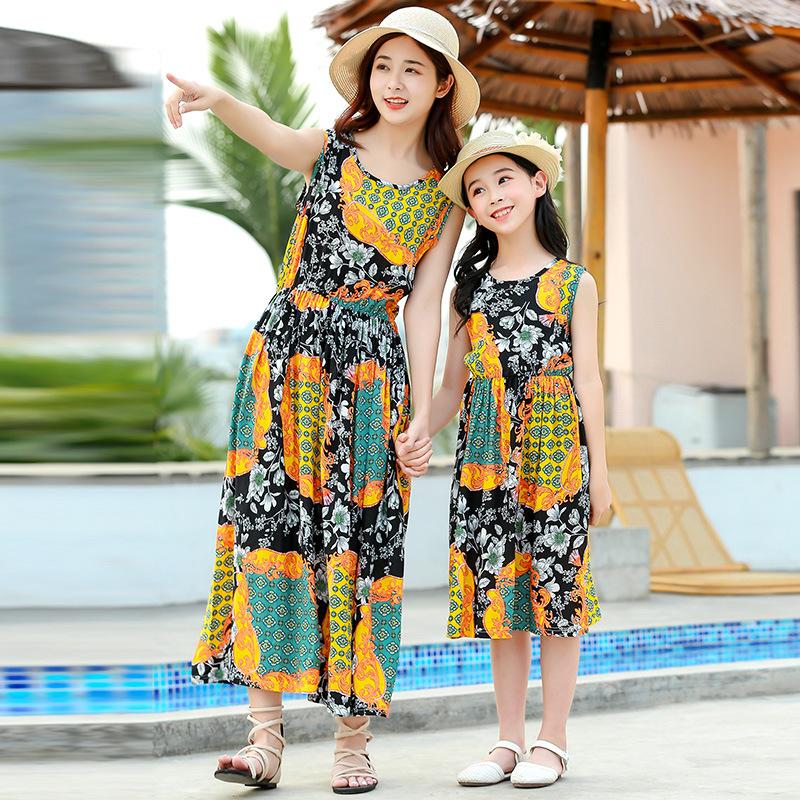 Children's Cotton Dress Summer Dress Family Foreign Style Floral Princess Dress Girls Beach Strap Dress
