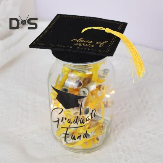 Abschlussglas-Dekoration 2025, Einmachglas aus Glas mit Abschlusshut-Aufsatz, Abschlussklasse 2025, Abschlussgeschenke für Jungen und Mädchen