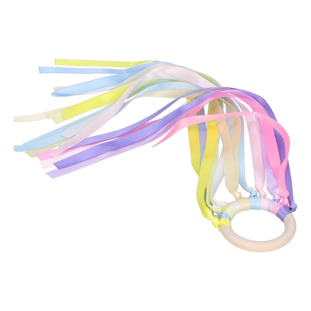 Baby Teether Infant Colourful Ribbon Wooden Sensory Teething Ring Toy for Toddler