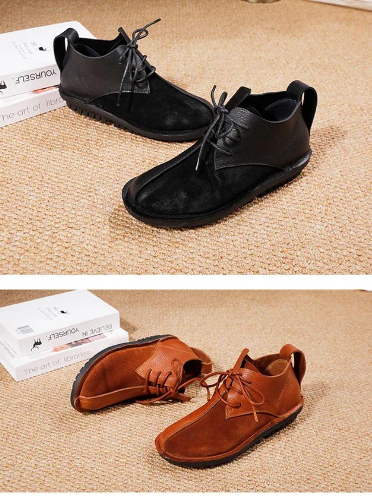 Johnature Dámské pohodlné boty z pravé kůže s měkkou podrážkou, lehké kotníkové boty na šněrování, ploché krátké boty