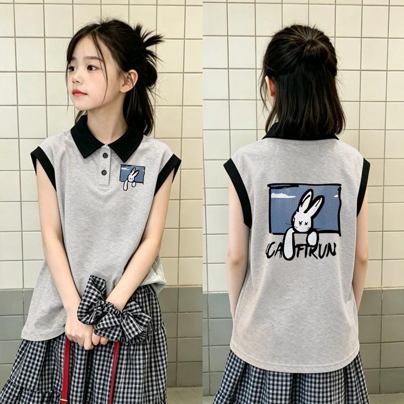 Girls' Stylish Patchwork Cotton Polo Top - Sleeveless Summer Fashion Shirt