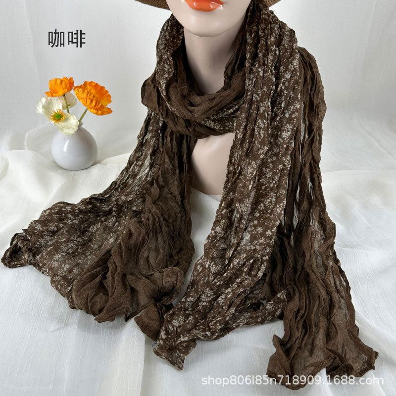 

Women s Cotton and Linen Scarf Printed Pleated Scarf Vintage Scarf Small Floral Scarf