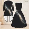 Women Plus Size Star Printed Two Piece Set Sleeveless Round Neck Tie Waist Flared Dress 3 4 Sleeve Open Cardigan