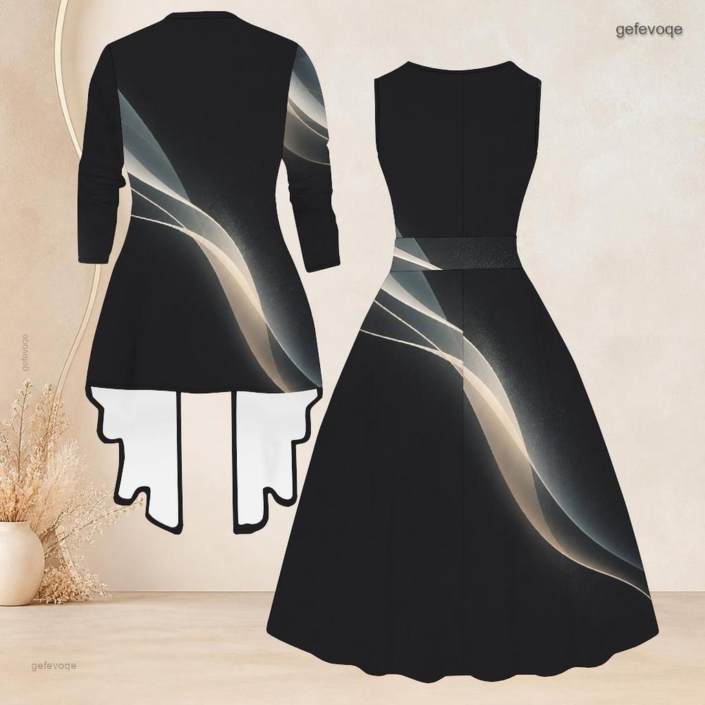 Women Plus Size Star Printed Two Piece Set Sleeveless Round Neck Tie Waist Flared Dress 3 4 Sleeve Open Cardigan