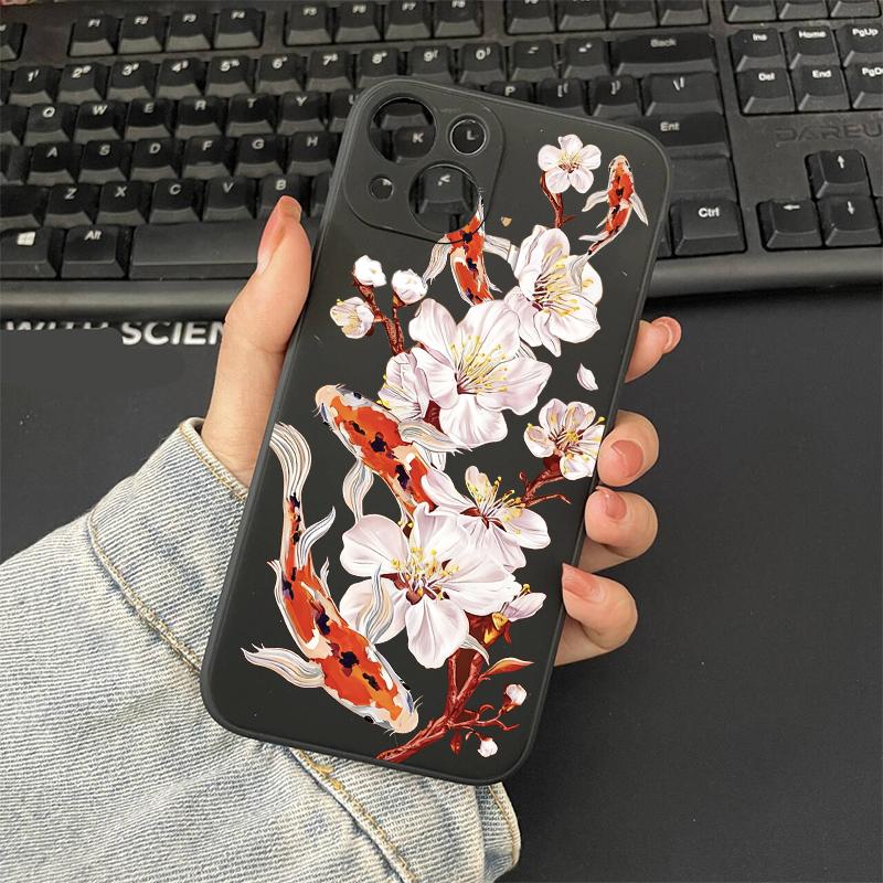 Luckly Koi Goldfish Bloosom Flower Phone Case for IPhone 17 AIR 11 12 13 14 15 16 Pro Max 13Mini Art Koi Carp Soft Silcone Cover