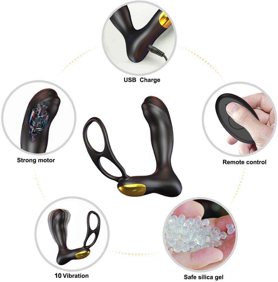 Vibrators with Dual Ring, Silicone Sex Toy Men with Dual Motors, 10 Vibration Modes and Remote Control, Butt Plug, Prostate Stimulator for Men