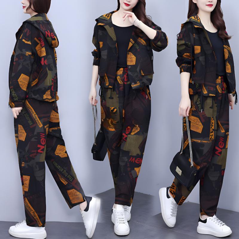 Plus Size Retro Suit Women's Spring and Autumn Loose Casual Fashion Temperament Hooded Jacket Two-piece Suit