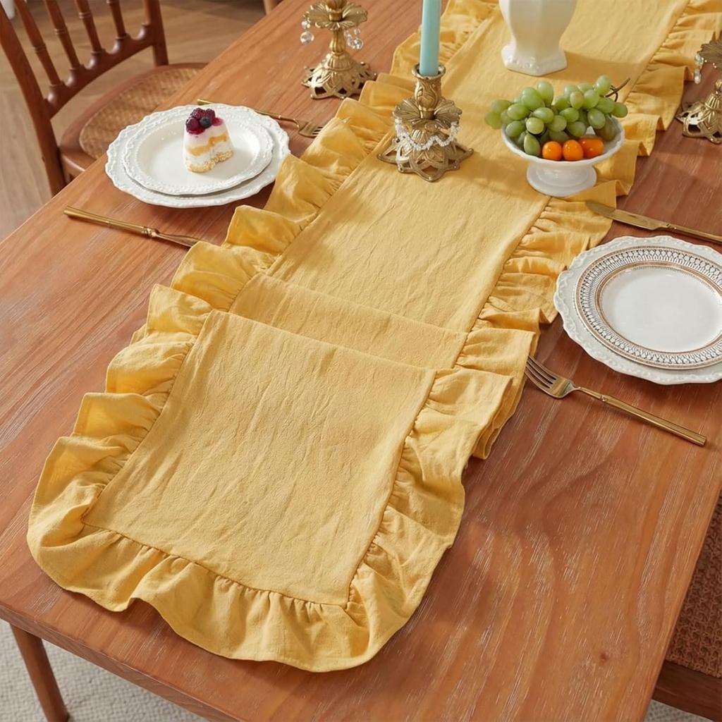Rüschen Tischläufer Waschbar Rustikal Baumwolle Tischdecke Bauernhaus Dekor für Brautparty Geburtstag Feiertag Hochzeit Weihnachtsfeier