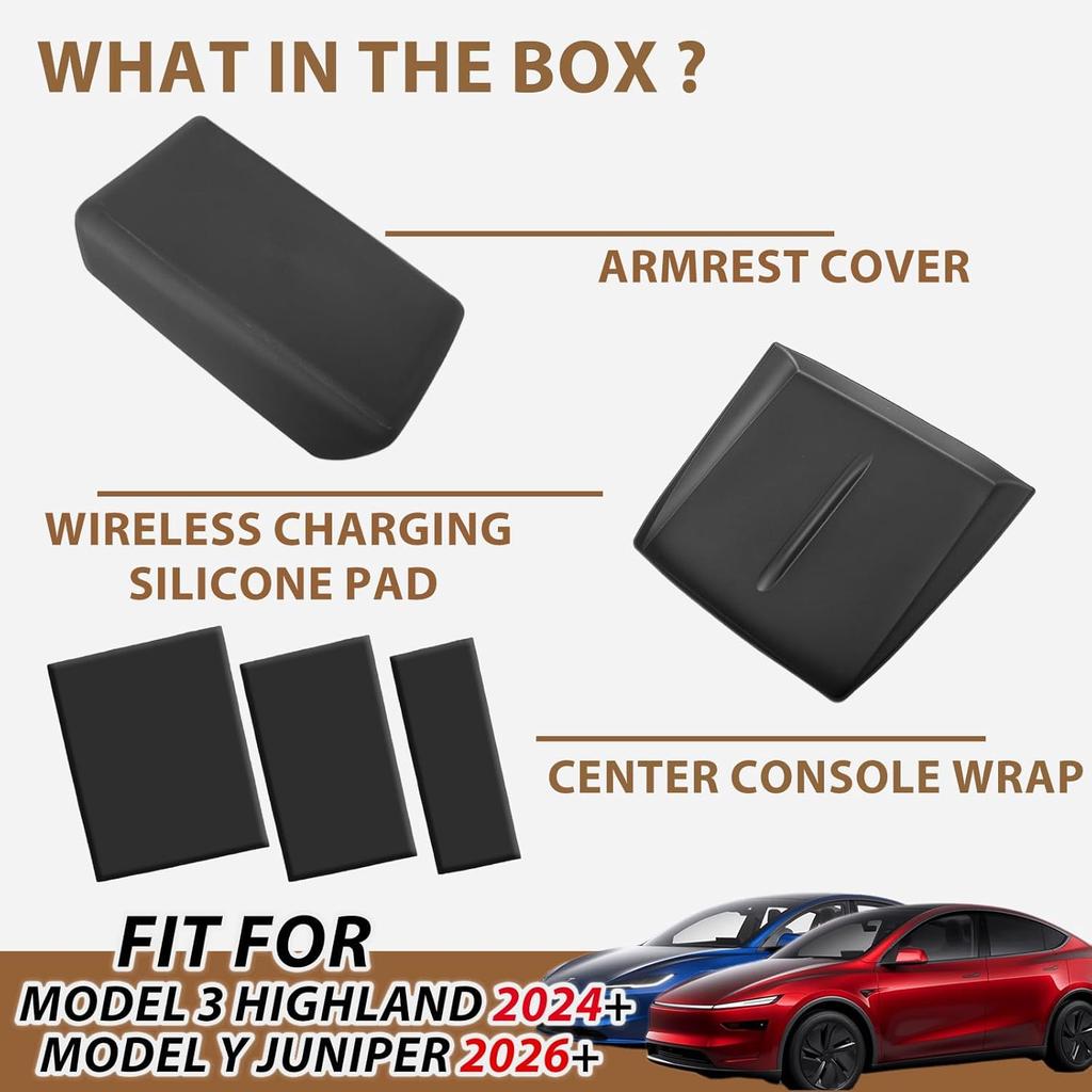 Center Console Cover 3Pcs Set for Tesla Model 3 Highland Model Y Juniper Wireless Charger Mat Armrest Cover Center Console Pad