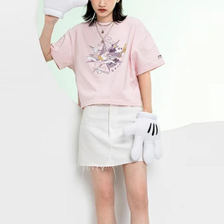 Li Ning x Disney Cartoon Print Loose Crew Neck Short Sleeve T-Shirt Women Tops Pink AHSR208-2