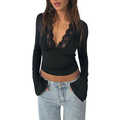 Women's Fall Tops Slim Lace Trim Deep V Neck Bell Sleeve Crop Shirt Casual Streetwear