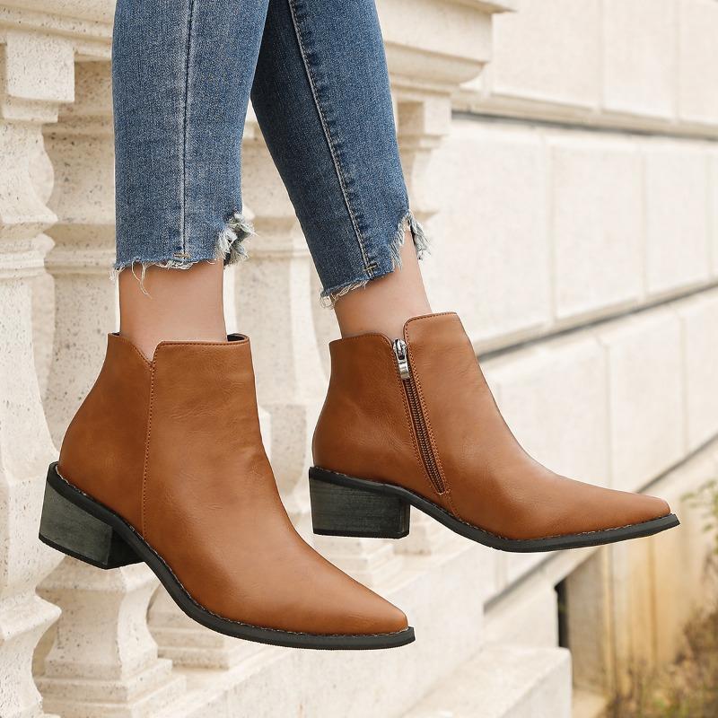 2025 New Autumn Women Ankle Boots Retro Style Pointed Toe Leather Boots Solid Short Barrel Chunky Heel Western Boots