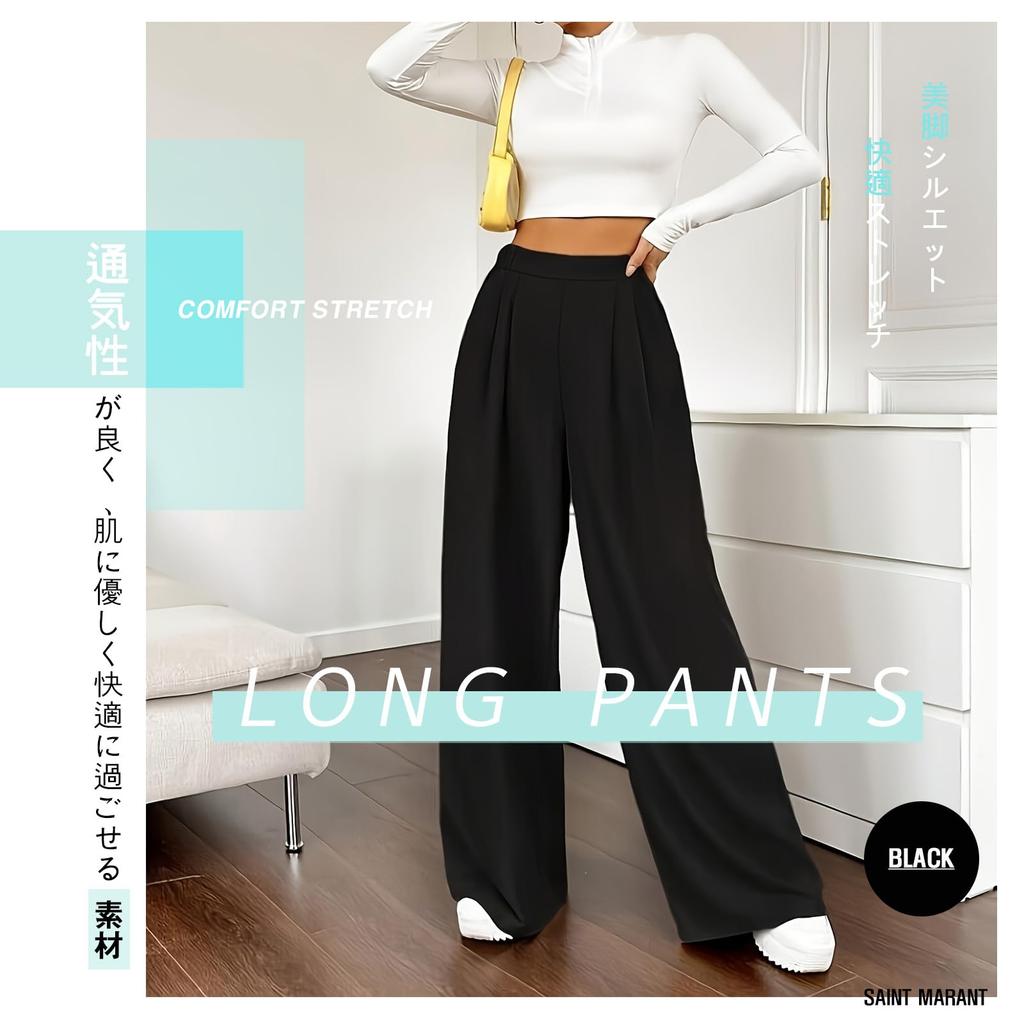 SAINT MARANT SL2419 Casual Wide Leg Pants with High Long Perfect for Office All Seasons Women's Banding, Waist, Black, Slacks, Suits, Stylish, (L,