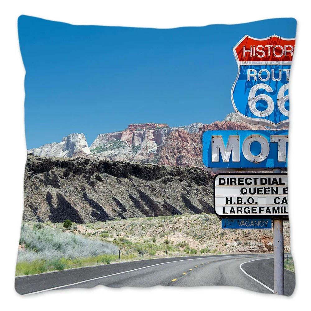 Poszewka na poduszkę w stylu retro Route 66 Dekoracja domu Poliestrowa poszewka na poduszkę na sofę Samochód Poszewka na poduszkę do rzucania Naturalny krajobraz Funda Cojin