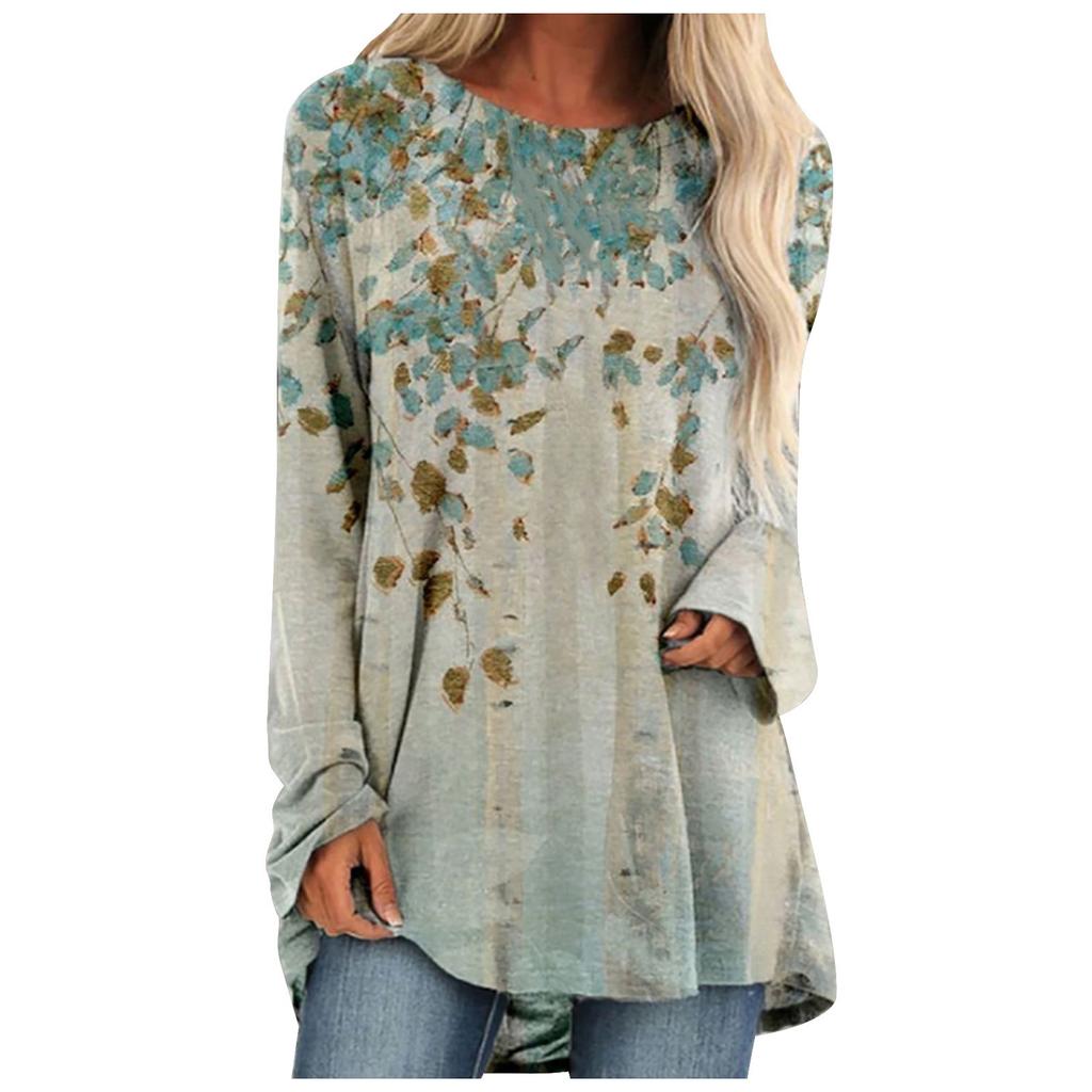 Women's Casual Fashion Creative Print Loose Round Neck Long Sleeve Tops