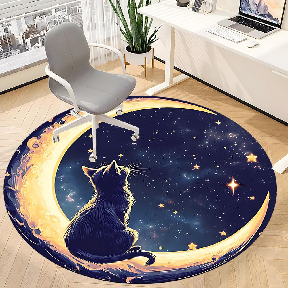 1pc Moon Cat Office Round Area Rug, Indoor Mat Suitable For Office, Under Office Chairs Bedroom Living Room Home Decor, Room Deco 042