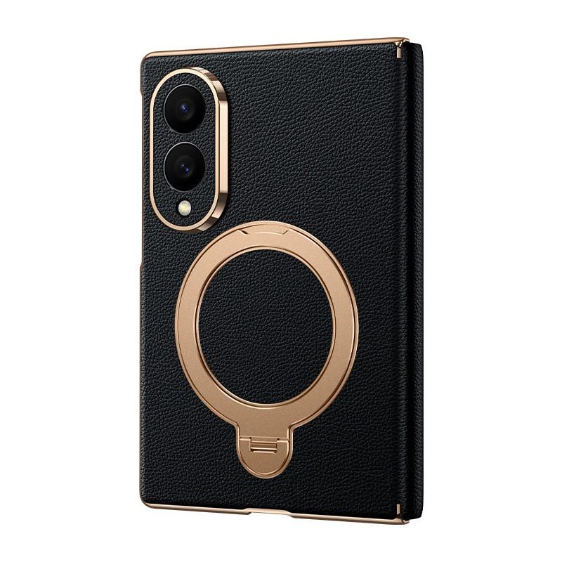 Magnetic Flip Phone Case With Gold-Edge Hinge Stand Galaxy Z Fold8 Fold7 W26 Genuine LeatherTexture